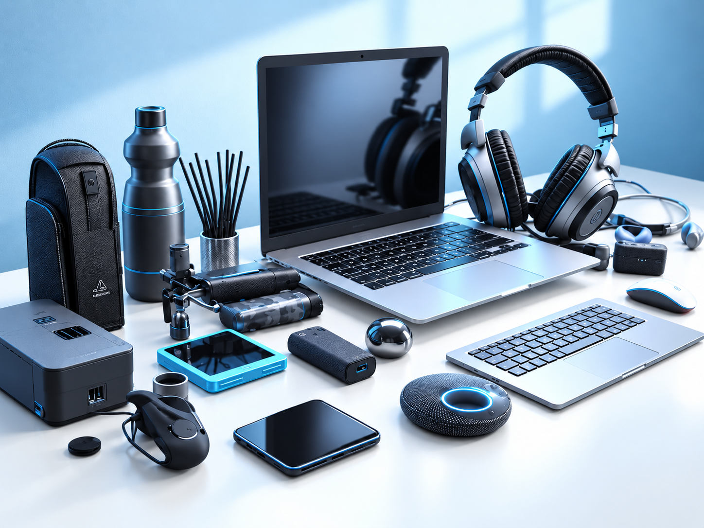 Laptop, audífonos, impresora, mouse y accesorios tecnológicos Milcom sobre un escritorio
