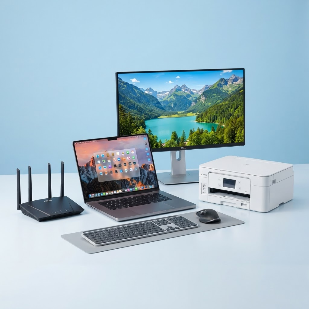 Laptop, monitor, impresora, router y teclado disponibles en Milcom