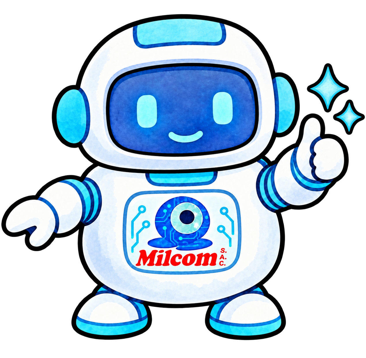 Robot mascota de Milcom dando la bienvenida